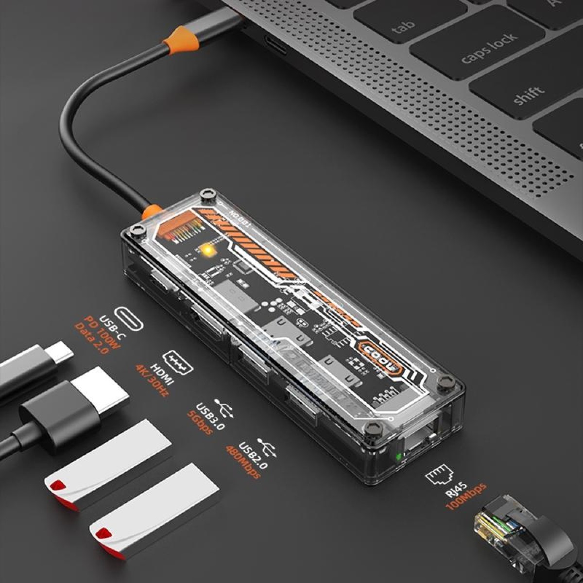 SW5R 5 in 1 Type-C to PD + USB3.0 + USB2.0 + HDMI + RJ45 HUB Docking Station(Grey)