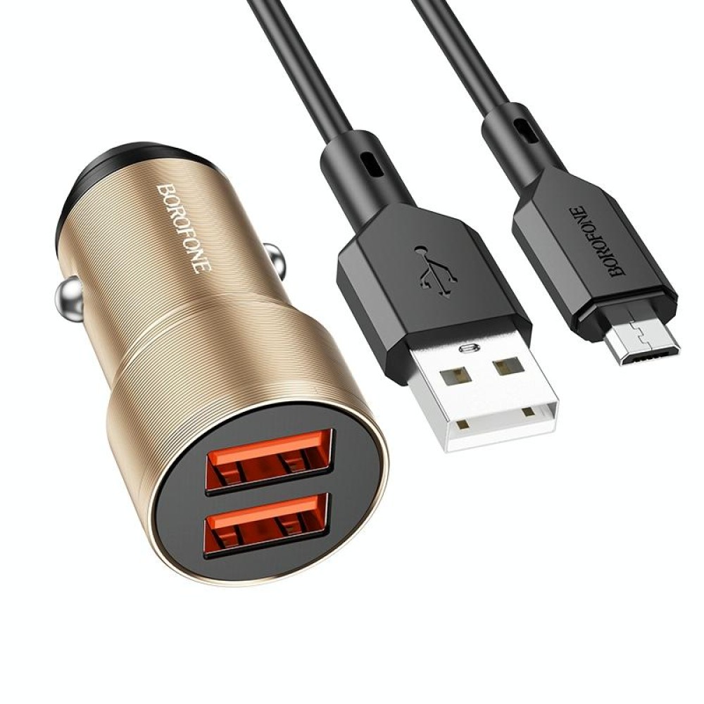 BOROFONE BZ19 Wisdom Dual USB Ports Car Charger with USB to Micro USB Cable(Gold)