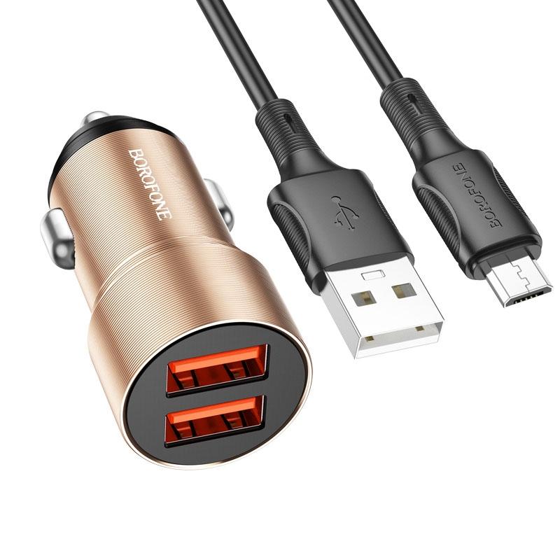 BOROFONE BZ19B Wisdom QC3.0 Dual USB Ports Fast Charging Car Charger with USB to Micro USB Cable(Gold)
