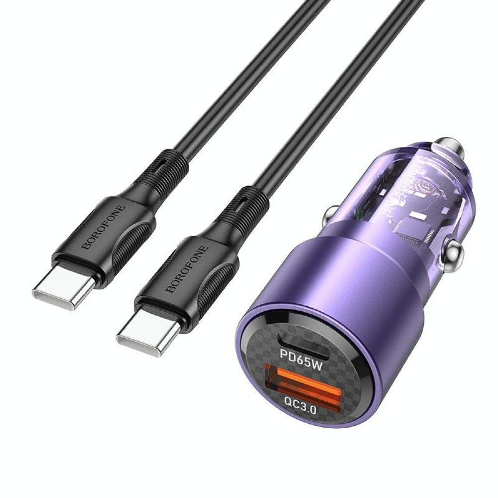 BOROFONE BZ20A Smart QC3.0 + PD65W Dual Ports Fast Charging Car Charger with Type-C to Type-C Cable(Transparent Purple)