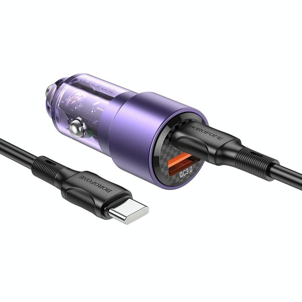 BOROFONE BZ20A Smart QC3.0 + PD65W Dual Ports Fast Charging Car Charger with Type-C to Type-C Cable(Transparent Purple)