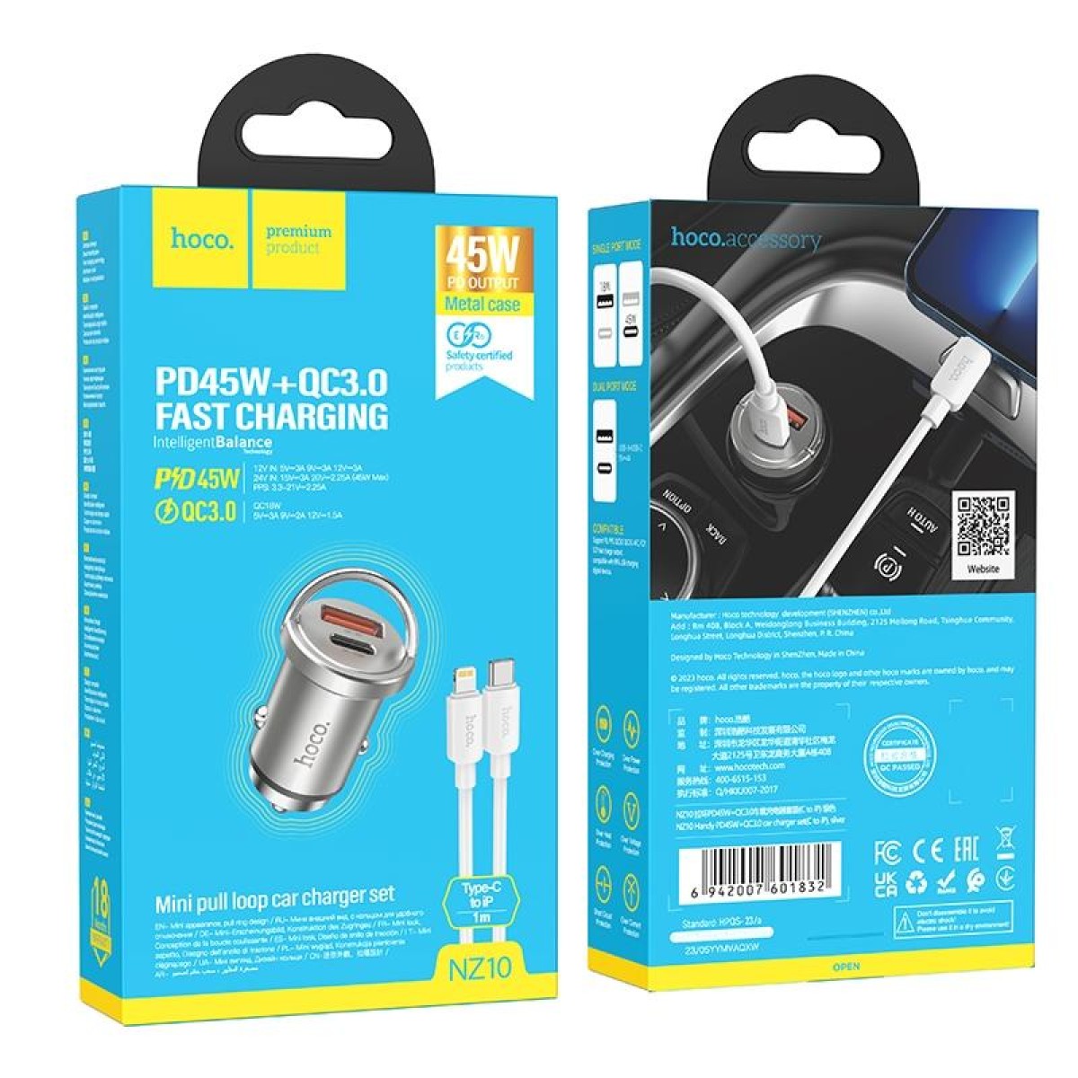 hoco NZ10 Handy PD45W + QC3.0 Car Fast Charging Charger with Type-C to 8 Pin Cable(Silver)