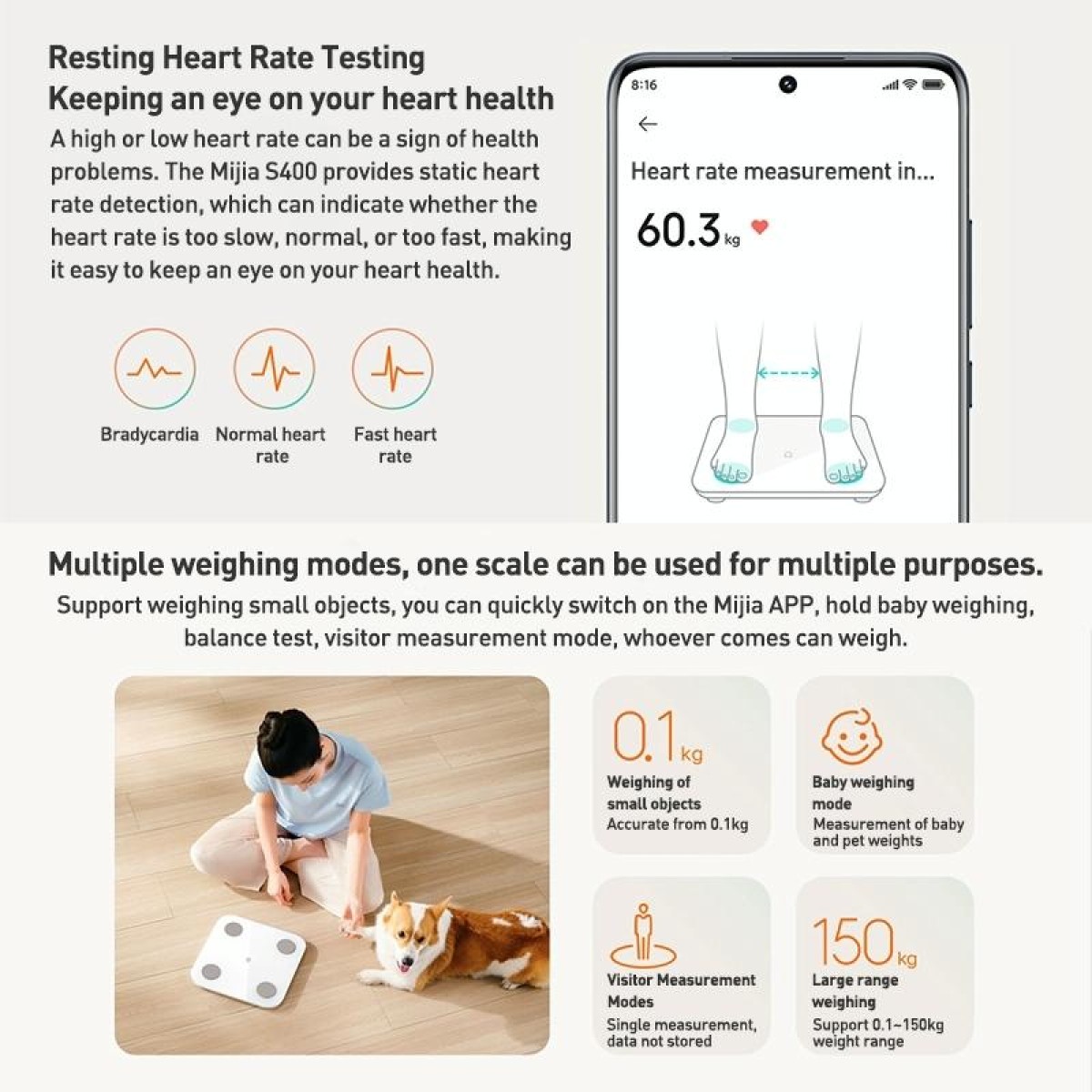 Original Xiaomi Mijia Smart Home Body Fat Scale S400 BT5.0 LED Display Dual Frequency Measurement(White)