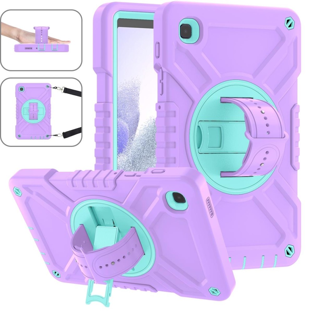 For Samsung Galaxy Tab A7 Lite X Rotation PC Hybrid Silicone Tablet Case with Strap(Purple Cyan)