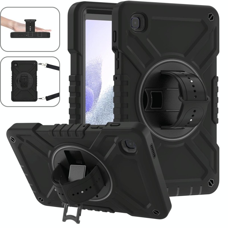 For Samsung Galaxy Tab A7 Lite X Rotation PC Hybrid Silicone Tablet Case with Strap(Full Black)