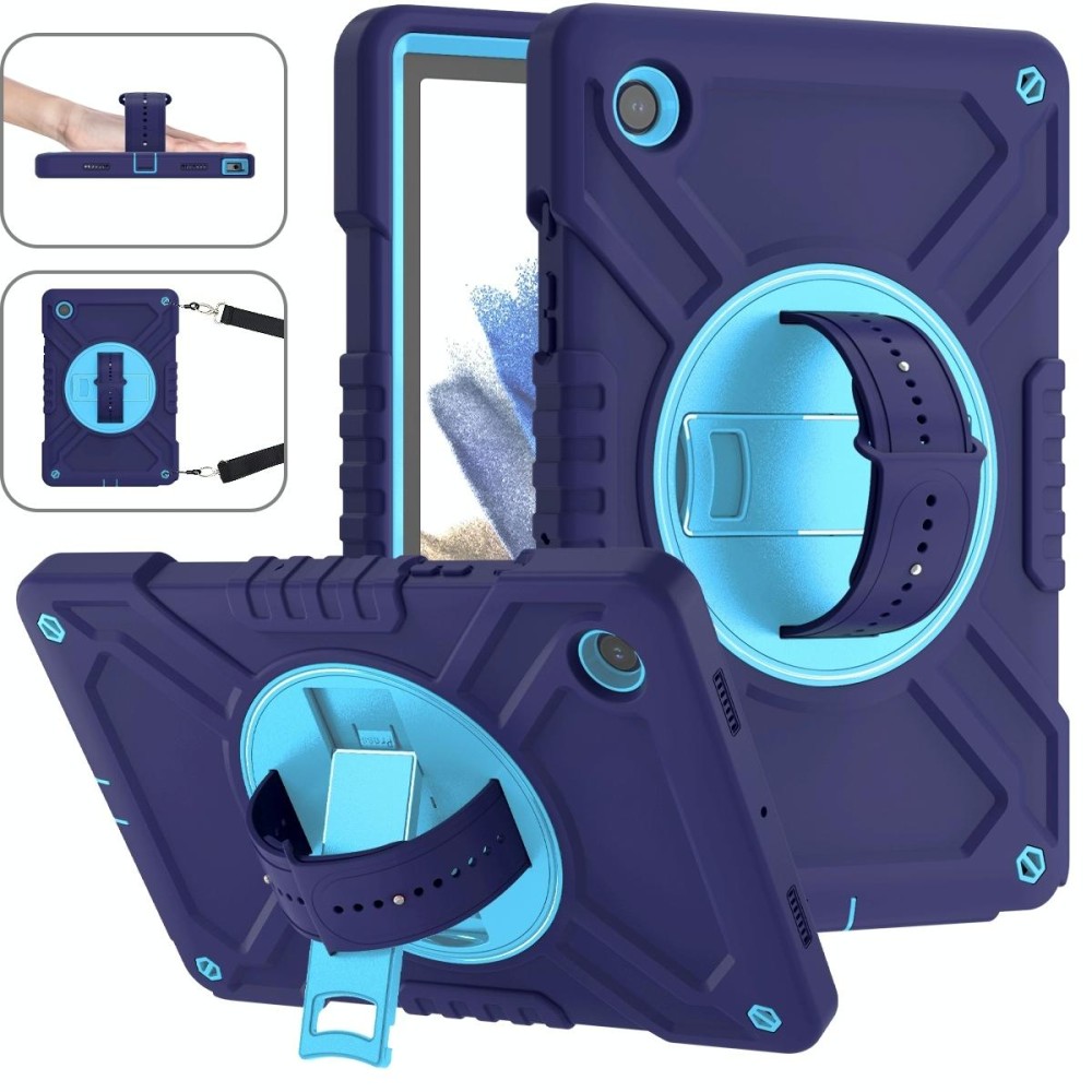 For Samsung Galaxy Tab A8 X200 X Rotation PC Hybrid Silicone Tablet Case with Strap(Navy Sky Blue)