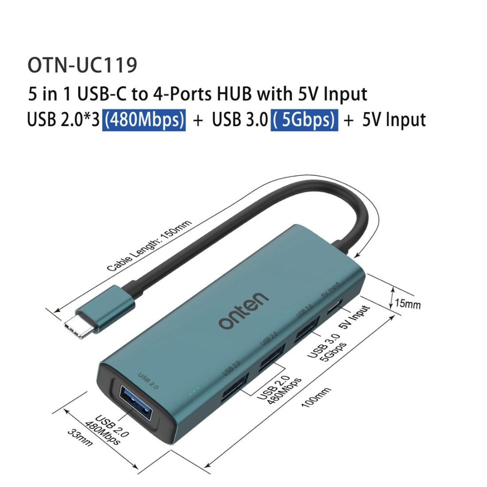 Onten UC119 5 in 1 USB-C / Type-C to USB 4-Ports USB HUB with 5V Input
