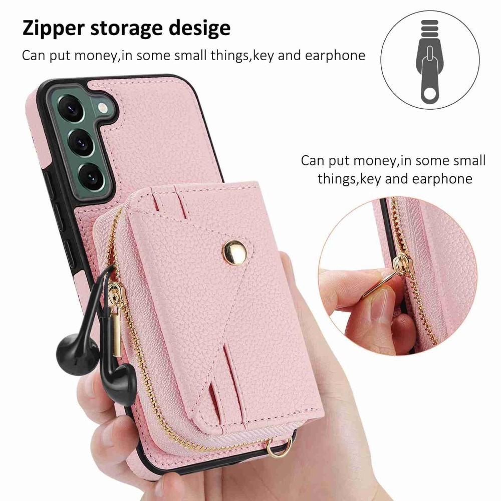 For Samsung Galaxy S22+ 5G Crossbody Zipper Card Bag RFID Anti-theft Phone Case(Pink)