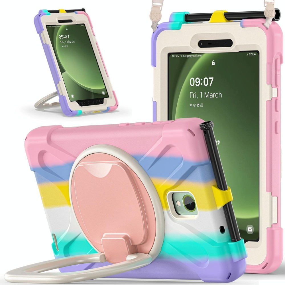 For Samsung Galaxy Tab Active5 X300 Silicone Hybrid PC Tablet Case with Holder & Shoulder Strap(Colorful Pink)