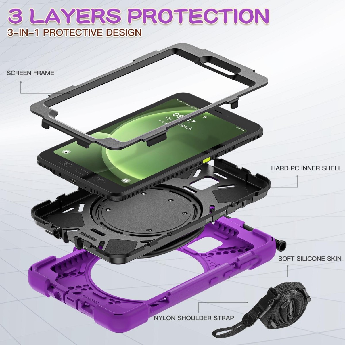 For Samsung Galaxy Tab Active5 X300 Silicone Hybrid PC Tablet Case with Holder & Shoulder Strap(Purple)