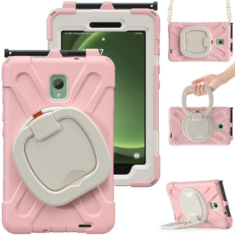 For Samsung Galaxy Tab Active5 X300 Silicone Hybrid PC Tablet Case with Holder & Shoulder Strap(Pink)