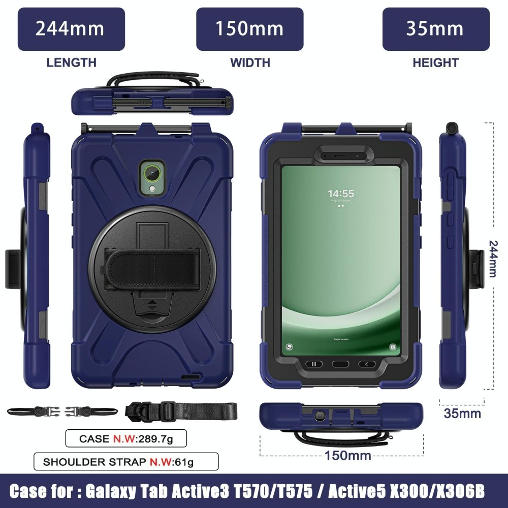 For Samsung Galaxy Tab Active5 X300 Rotary Grip Silicone Hybrid PC Tablet Case with Shoulder Strap(Navy Blue)