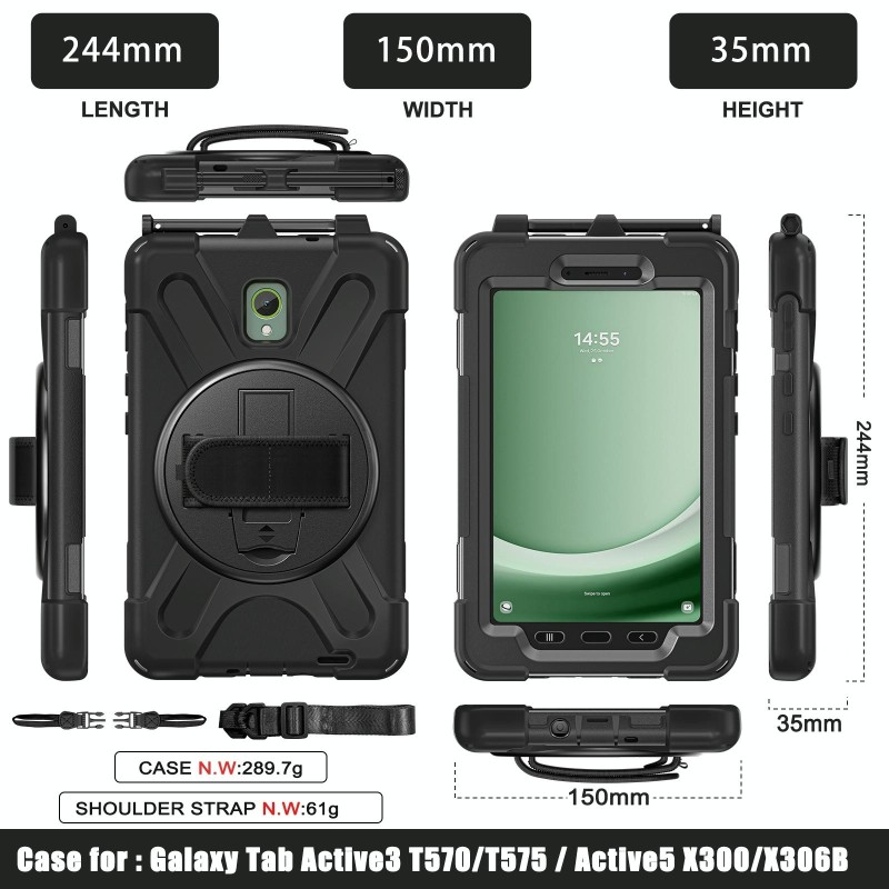 For Samsung Galaxy Tab Active5 X300 Rotary Grip Silicone Hybrid PC Tablet Case with Shoulder Strap(Black)