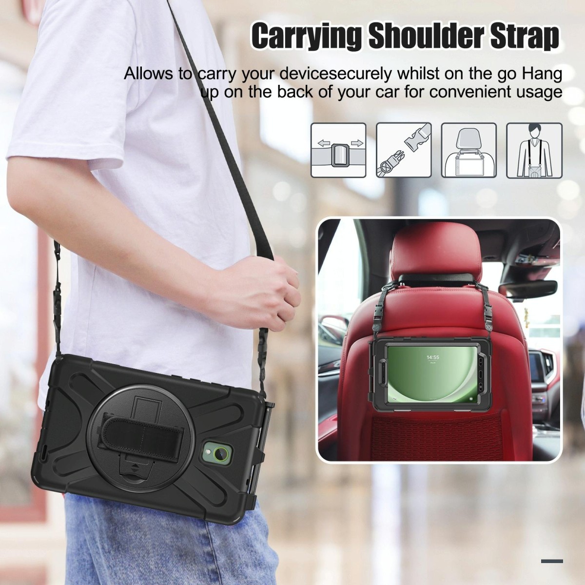 For Samsung Galaxy Tab Active5 X300 Rotary Grip Silicone Hybrid PC Tablet Case with Shoulder Strap(Black)