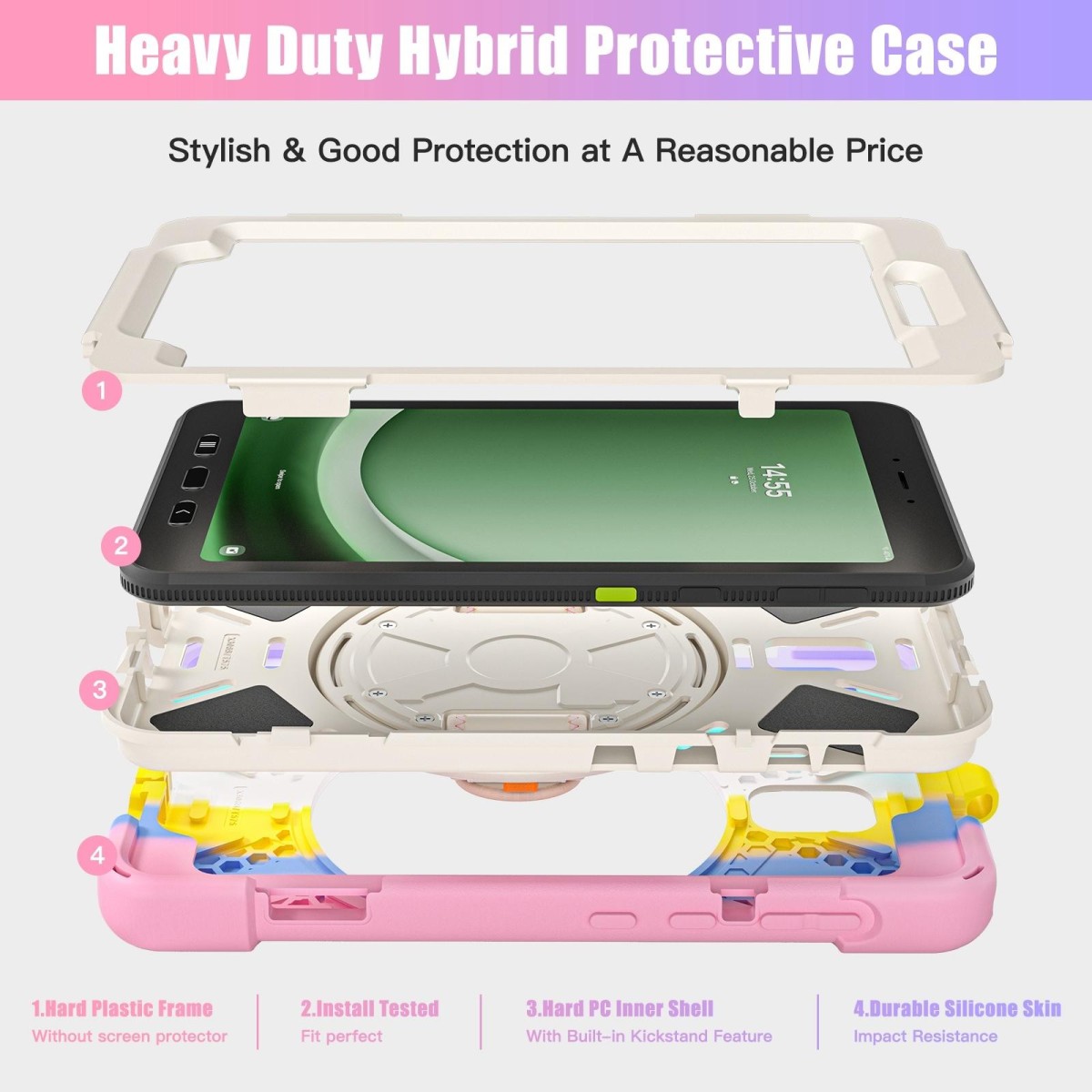 For Samsung Galaxy Tab Active5 X300 Rotary Grip Silicone Hybrid PC Tablet Case with Shoulder Strap(Colorful Pink)
