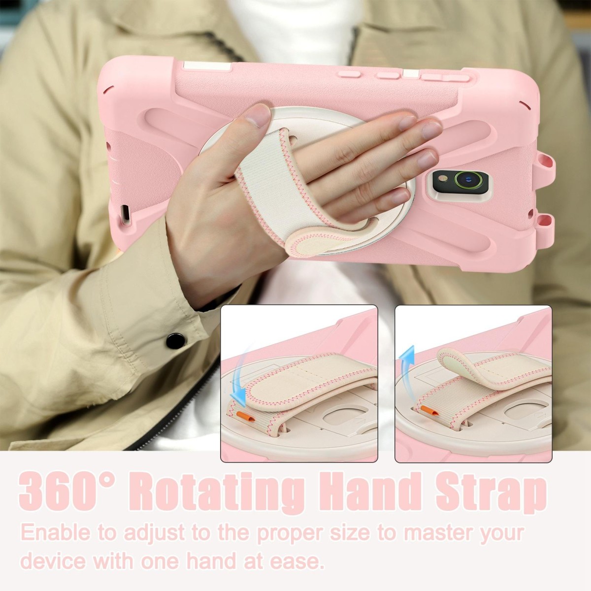 For Samsung Galaxy Tab Active5 X300 Rotary Grip Silicone Hybrid PC Tablet Case with Shoulder Strap(Pink)