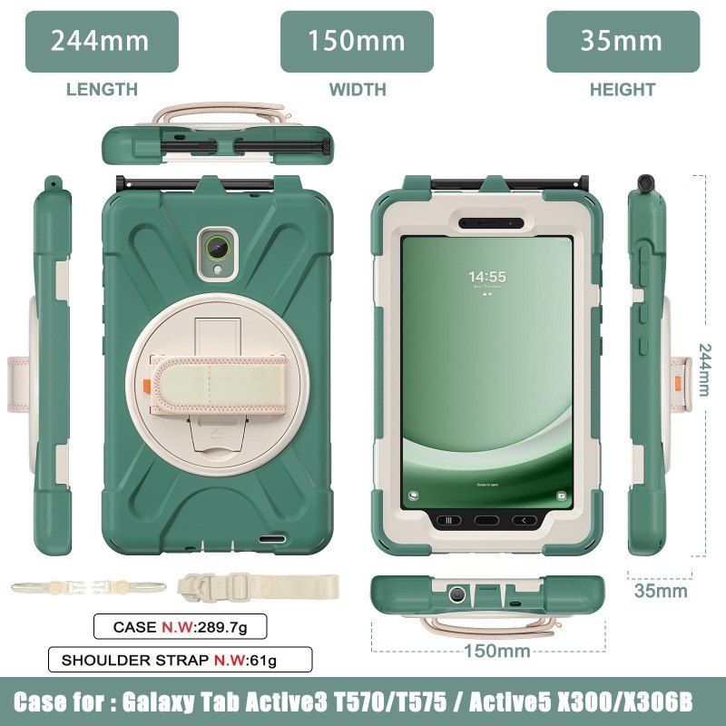 For Samsung Galaxy Tab Active5 X300 Rotary Grip Silicone Hybrid PC Tablet Case with Shoulder Strap(Emerald Green)