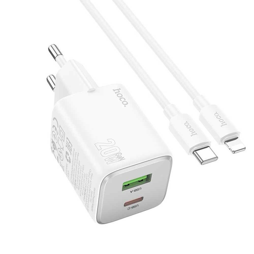 hoco N41 Almighty PD20W Type-C + QC3.0 USB Charger with Type-C to 8 Pin Cable, EU Plug(White)