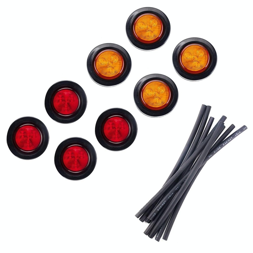 8 PCS Truck Trailer Red & Amber LED 2 inch Round Side Marker Clearance Tail Light Kits with Heat Shrink Tube