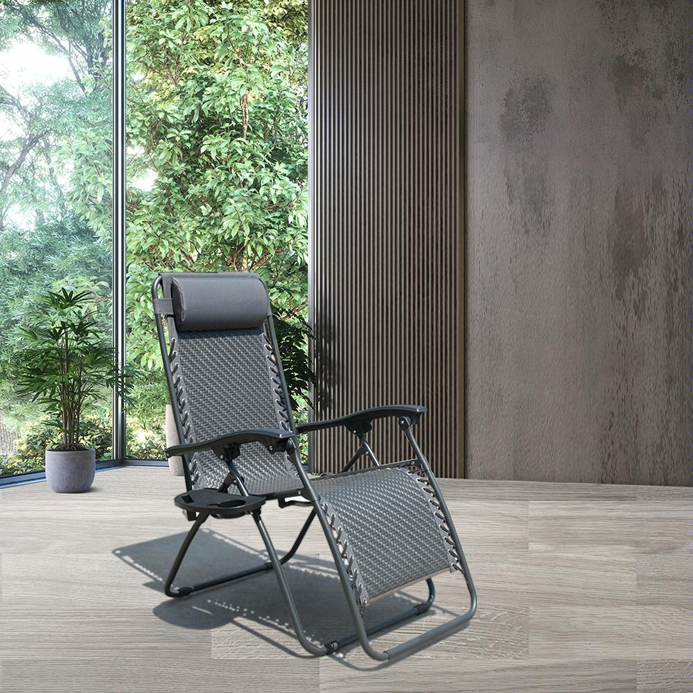 [US Warehouse] Foldable Outdoor Leisure Latex Rope Woven Recliner with Pillow and Cup Holder Tray