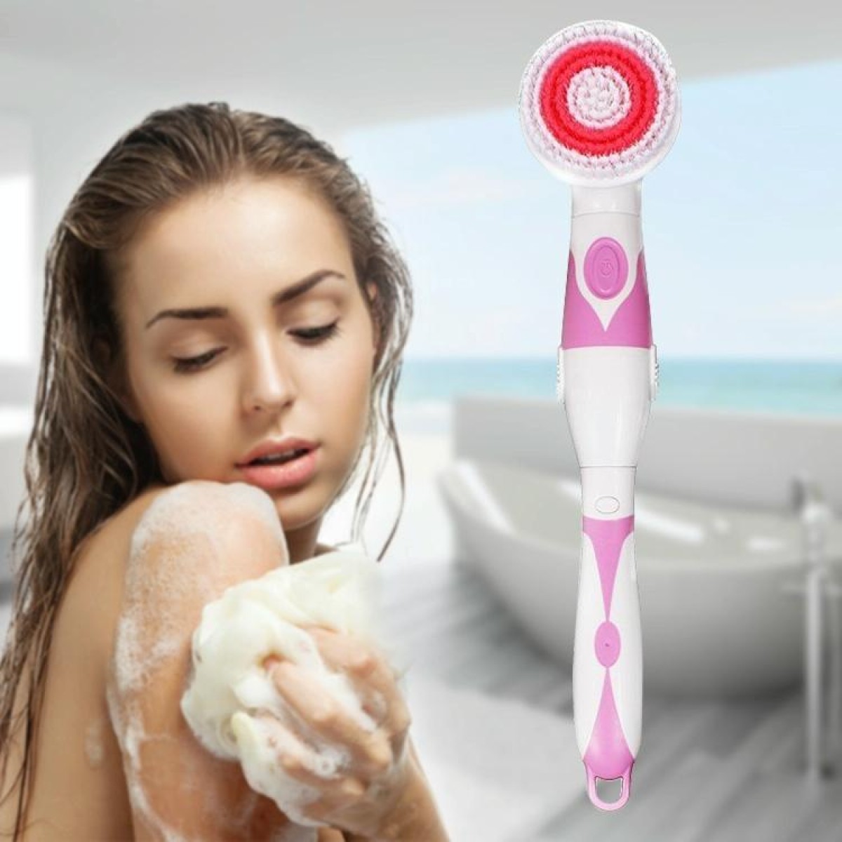 Multi-function Electric Waterproof Bath Cleansing Brush Long-handled Massage Brush, with 4 Brush Heads(Pink)