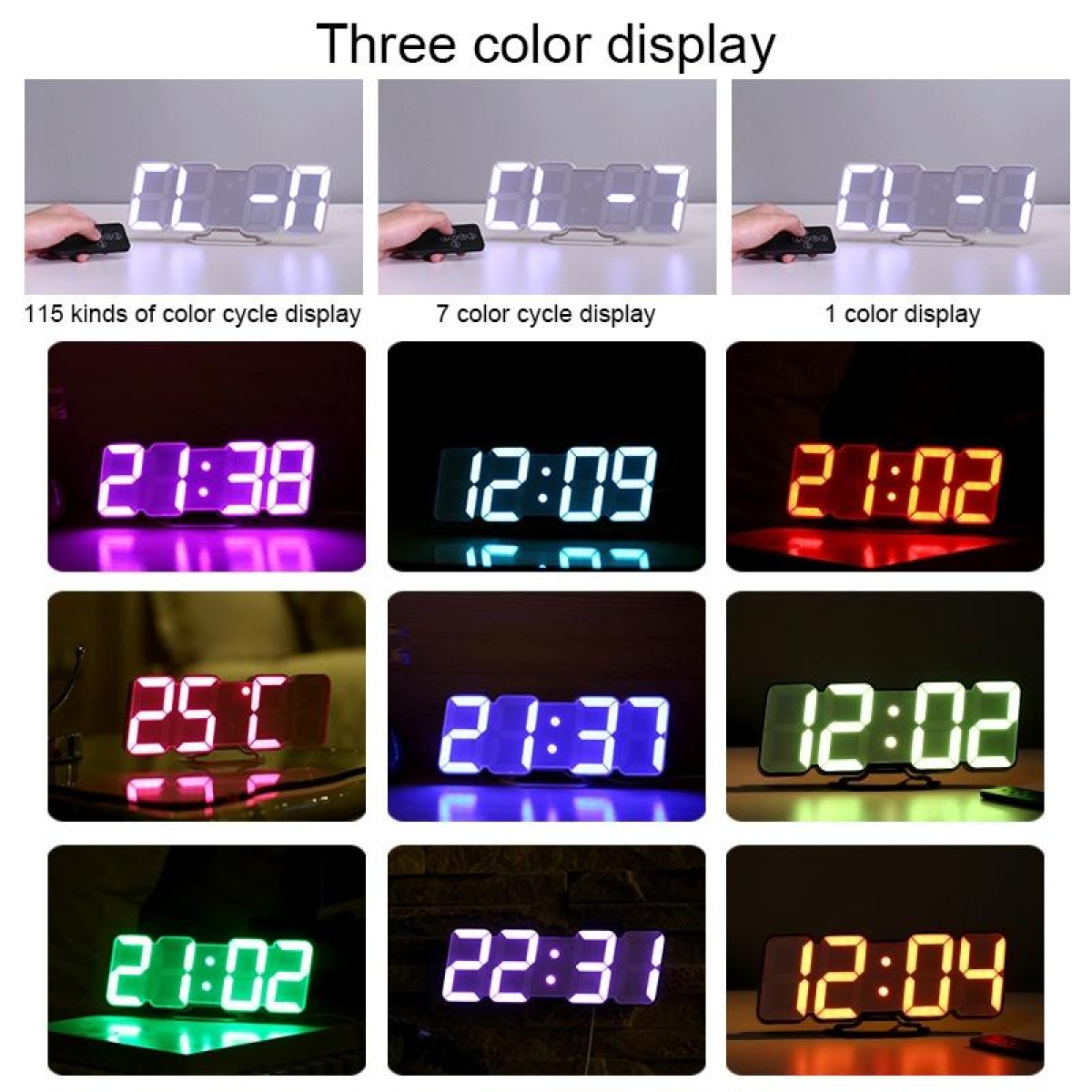 Modern 3D LED Sound Control Colorful Digital Alarm Clock Adjust Brightness Electronic Wall Glowing Hanging Clock with Remote Control(White)