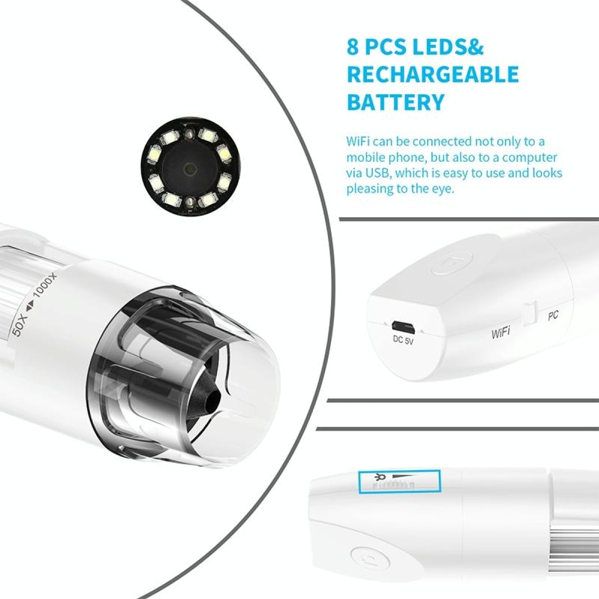 316 50-1000X Adjustable Smart Wifi USB Digital Microscope (White)