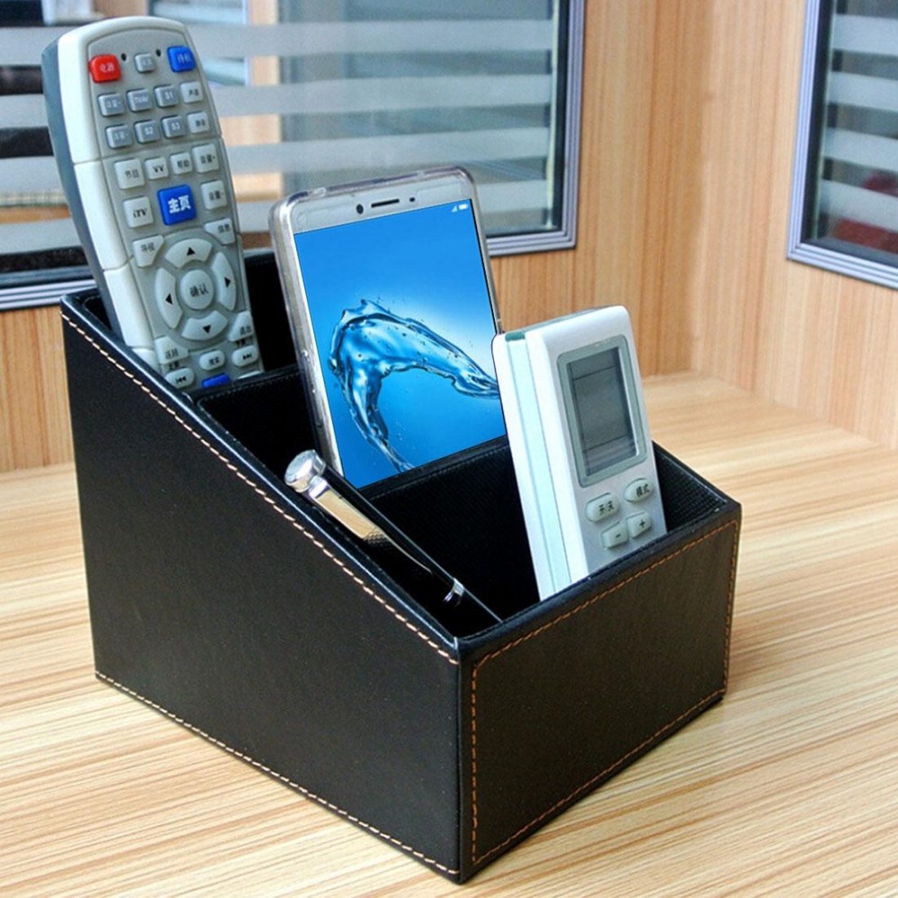 PU Leather Three Grid Desktop Organizer Box Remote Controllers Storage Box Case Sundries Box