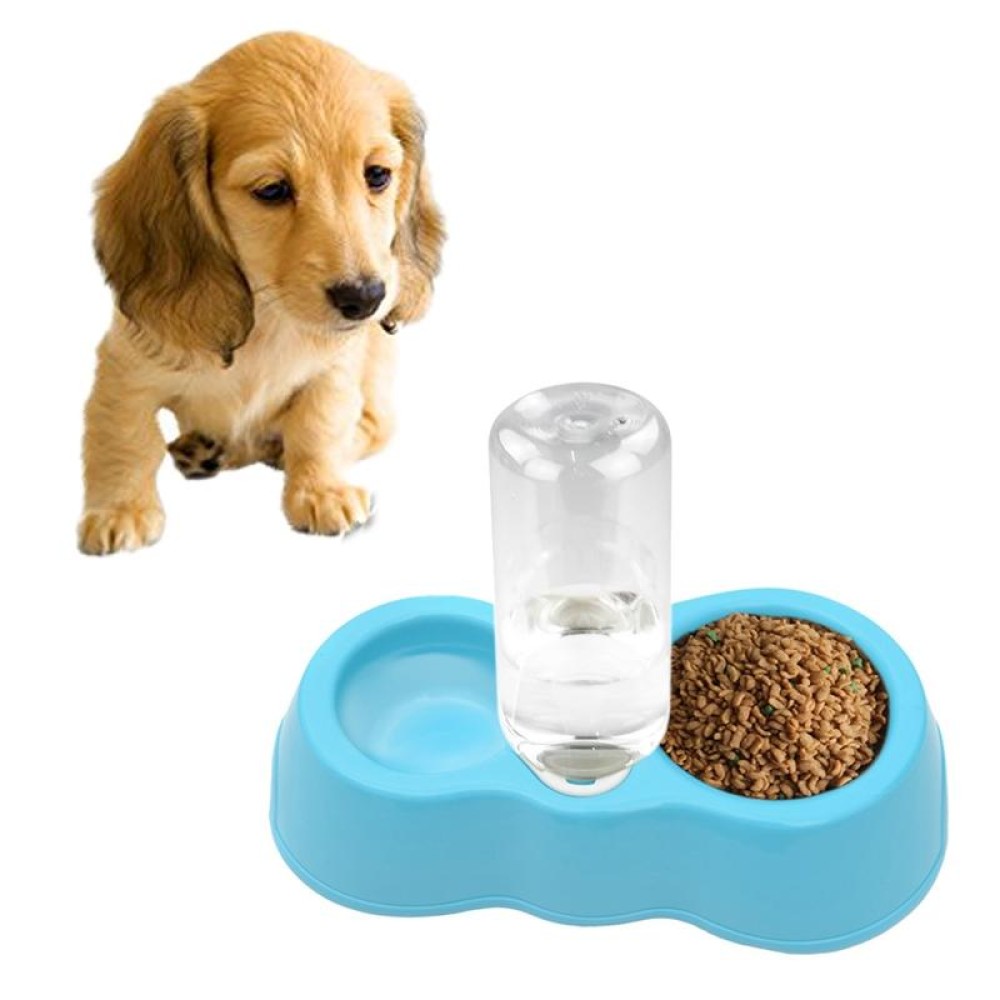 Dog Cat Food Dish + Drinking Water Double Bowls with Automatic Water Dispenser(Blue)