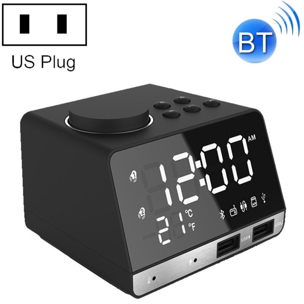 K11 Bluetooth Alarm Clock Speaker Creative Digital Music Clock Display Radio with Dual USB Interface, Support U Disk / TF Card / FM / AUX, US Plug(Black)