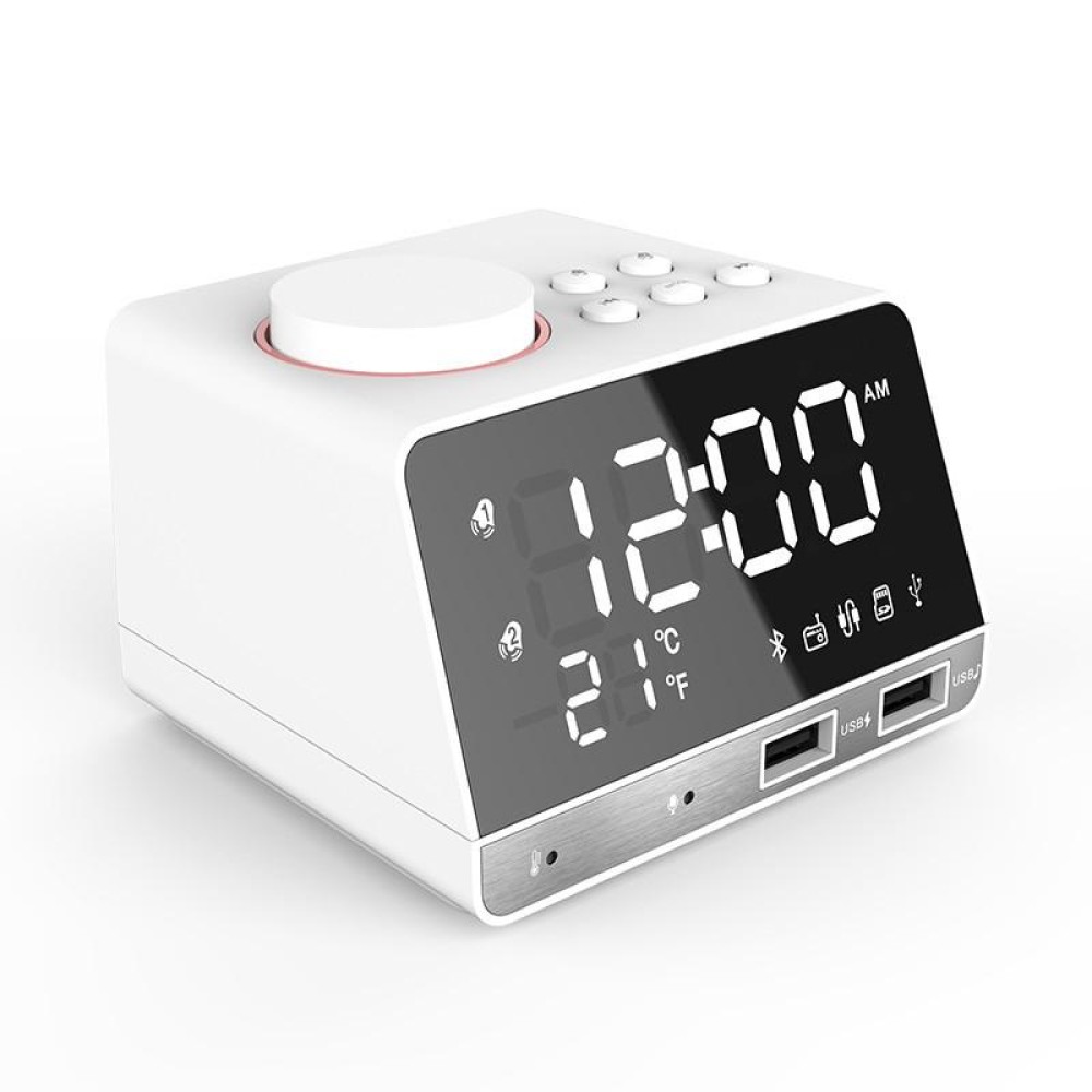 K11 Bluetooth Alarm Clock Speaker Creative Digital Music Clock Display Radio with Dual USB Interface, Support U Disk / TF Card / FM / AUX, US Plug(White)