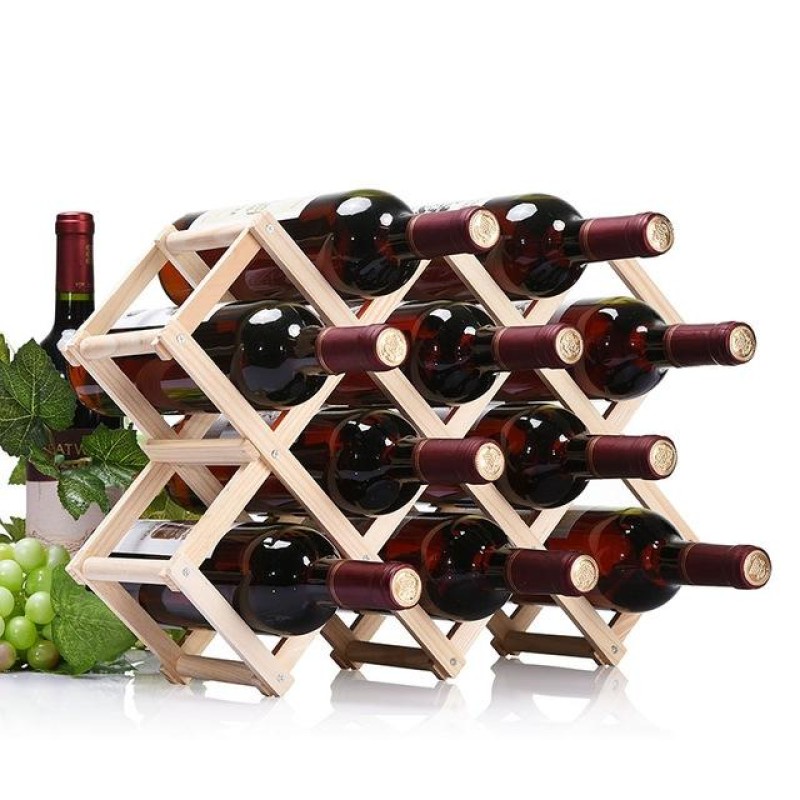 10 Bottles Racks Foldable Wine Stand Wooden Wine Holder Kitchen Bar Display Shelf(Wood)