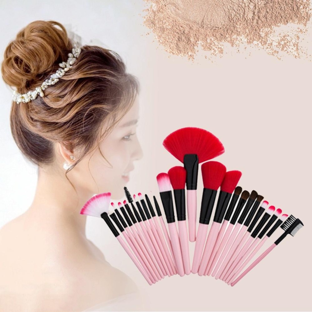 24 in 1 Wood Handle Makeup Brush Cosmetic Foundation Cream Powder Blush Makeup Tool Set(Pink)