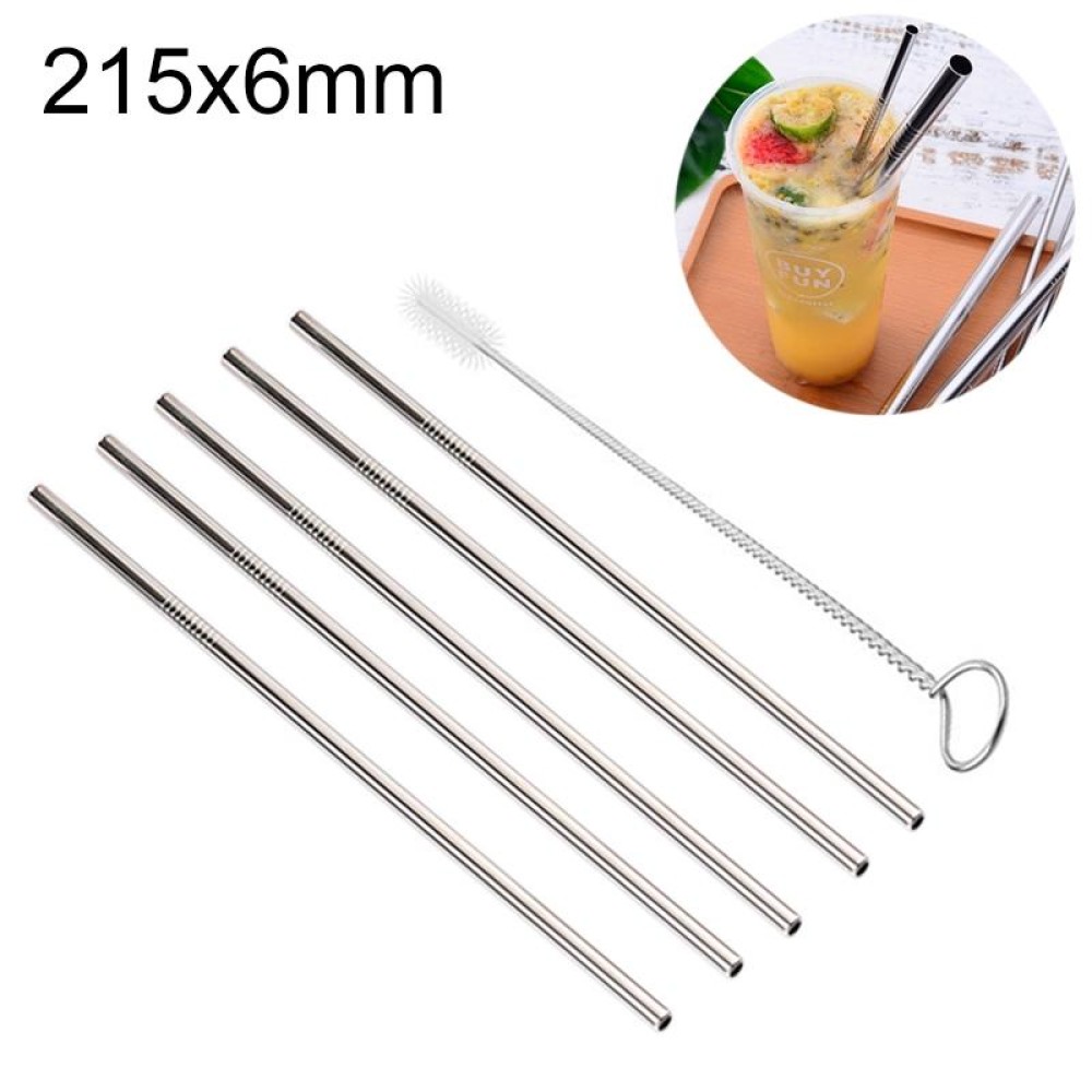5pcs Reusable Stainless Steel Straight Drinking Straw + Cleaner Brush Set Kit,  215*6mm(Silver)