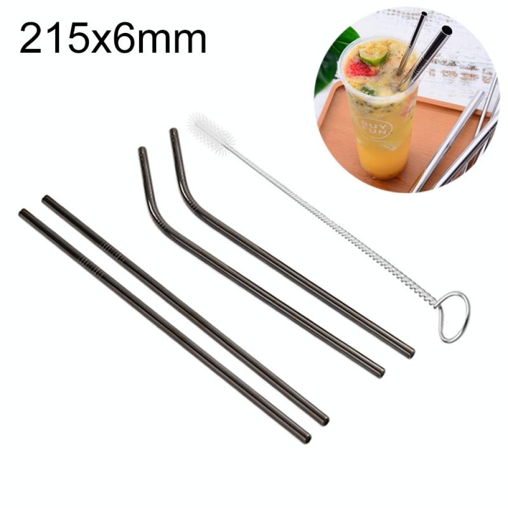 4pcs Reusable Stainless Steel Drinking Straw + Cleaner Brush Set Kit,  215*6mm(Black)