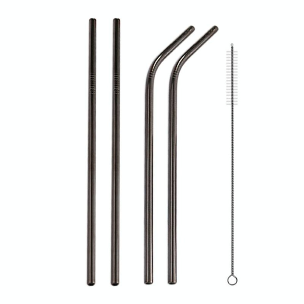 4pcs Reusable Stainless Steel Drinking Straw + Cleaner Brush Set Kit,  215*6mm(Black)
