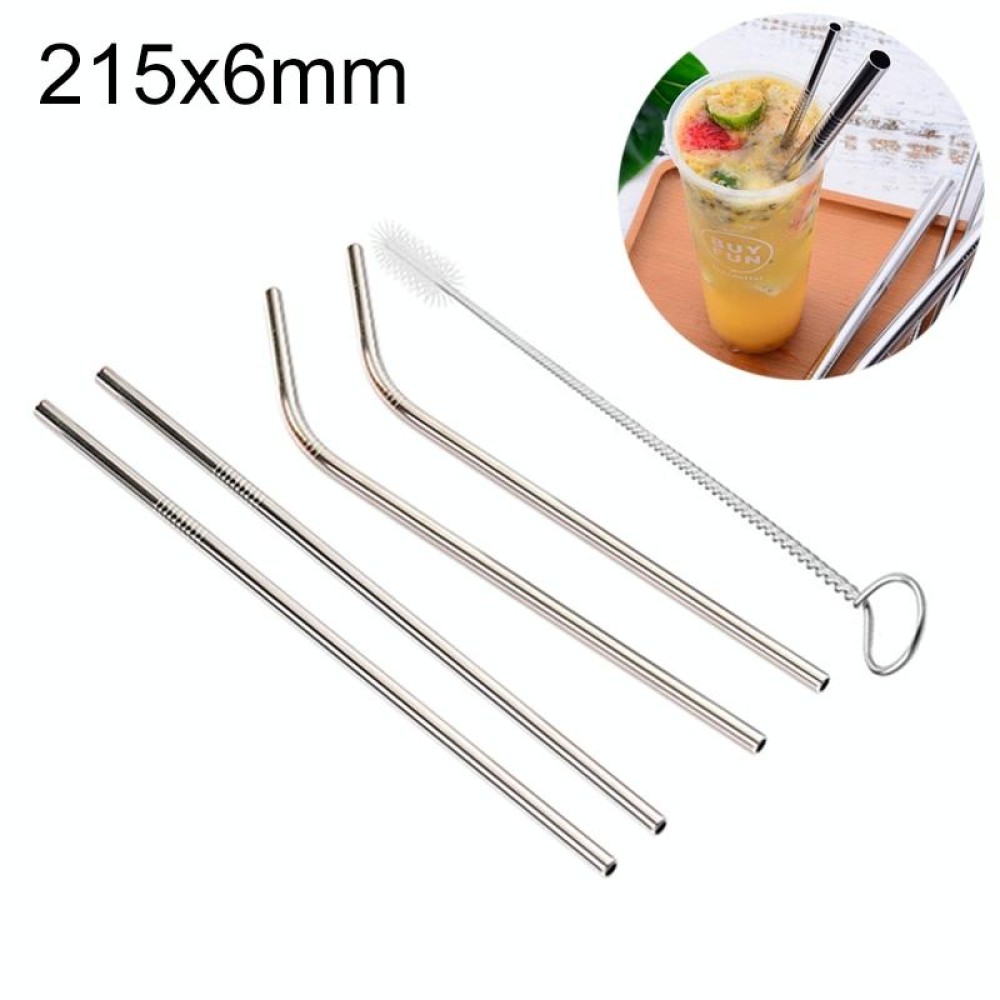 4pcs Reusable Stainless Steel Drinking Straw + Cleaner Brush Set Kit,  215*6mm(Silver)