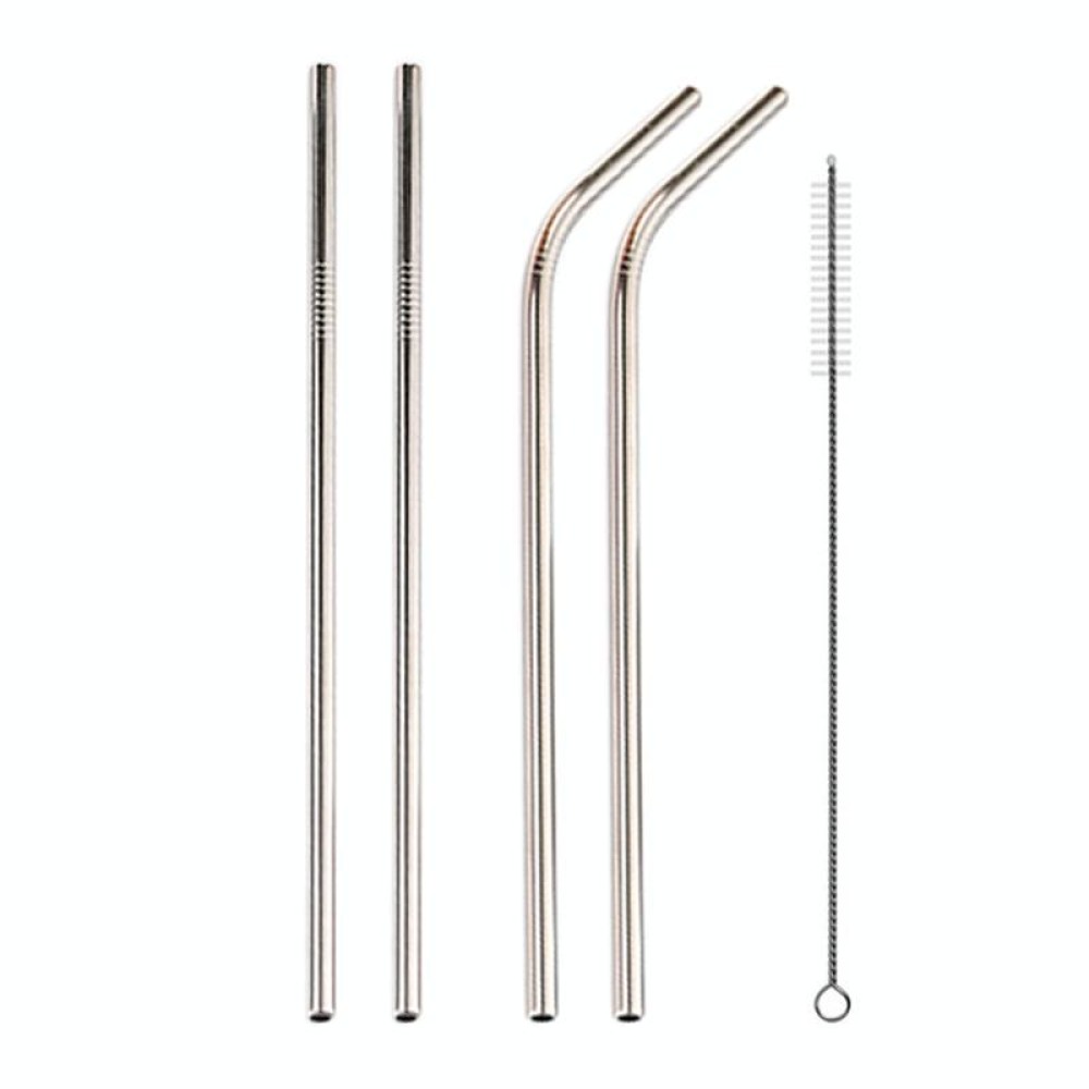 4pcs Reusable Stainless Steel Drinking Straw + Cleaner Brush Set Kit,  215*6mm(Silver)