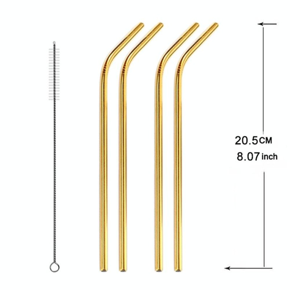 5pcs Reusable Stainless Steel Bent Drinking Straw + Cleaner Brush Set Kit,  215*8mm(Gold)