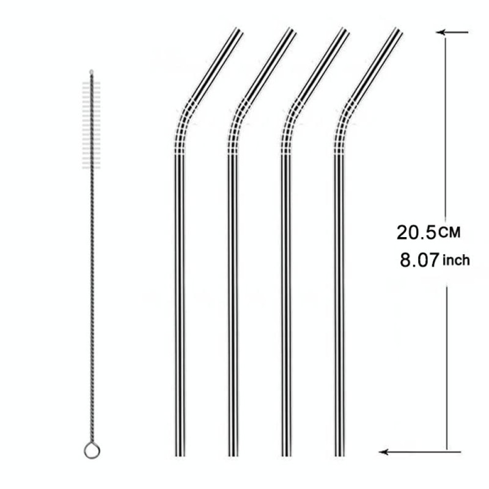 5pcs Reusable Stainless Steel Bent Drinking Straw + Cleaner Brush Set Kit,  215*8mm(Silver)