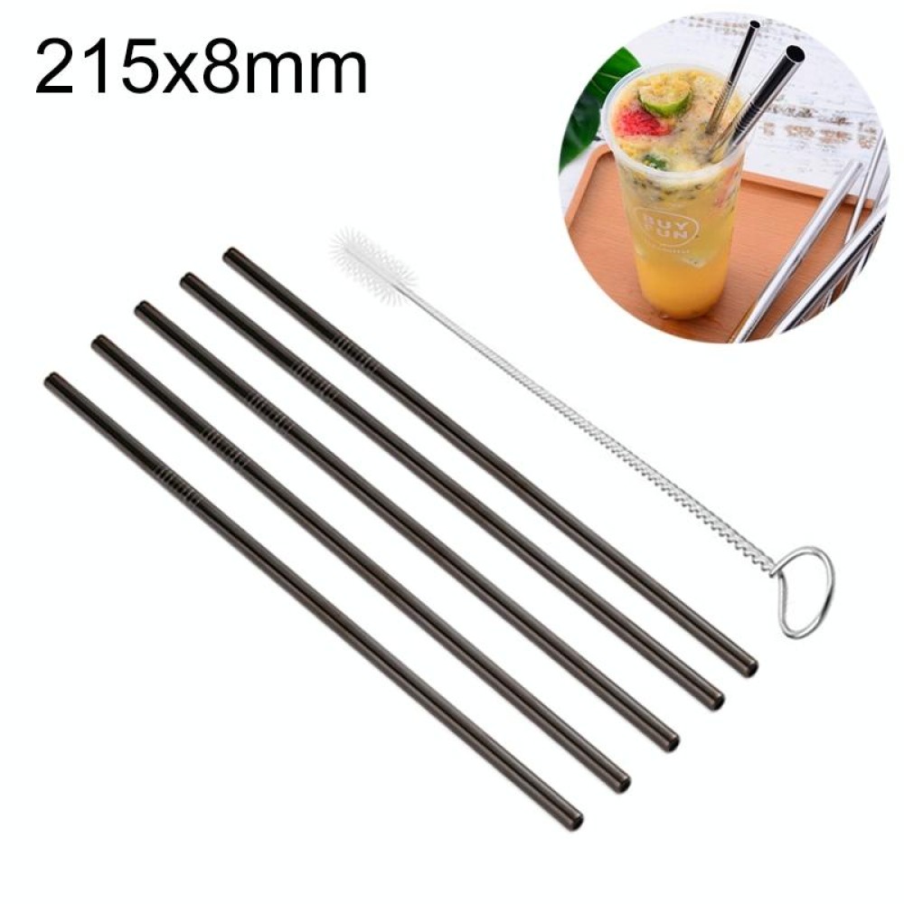 5pcs Reusable Stainless Steel Straight Drinking Straw + Cleaner Brush Set Kit,  215*8mm(Black)