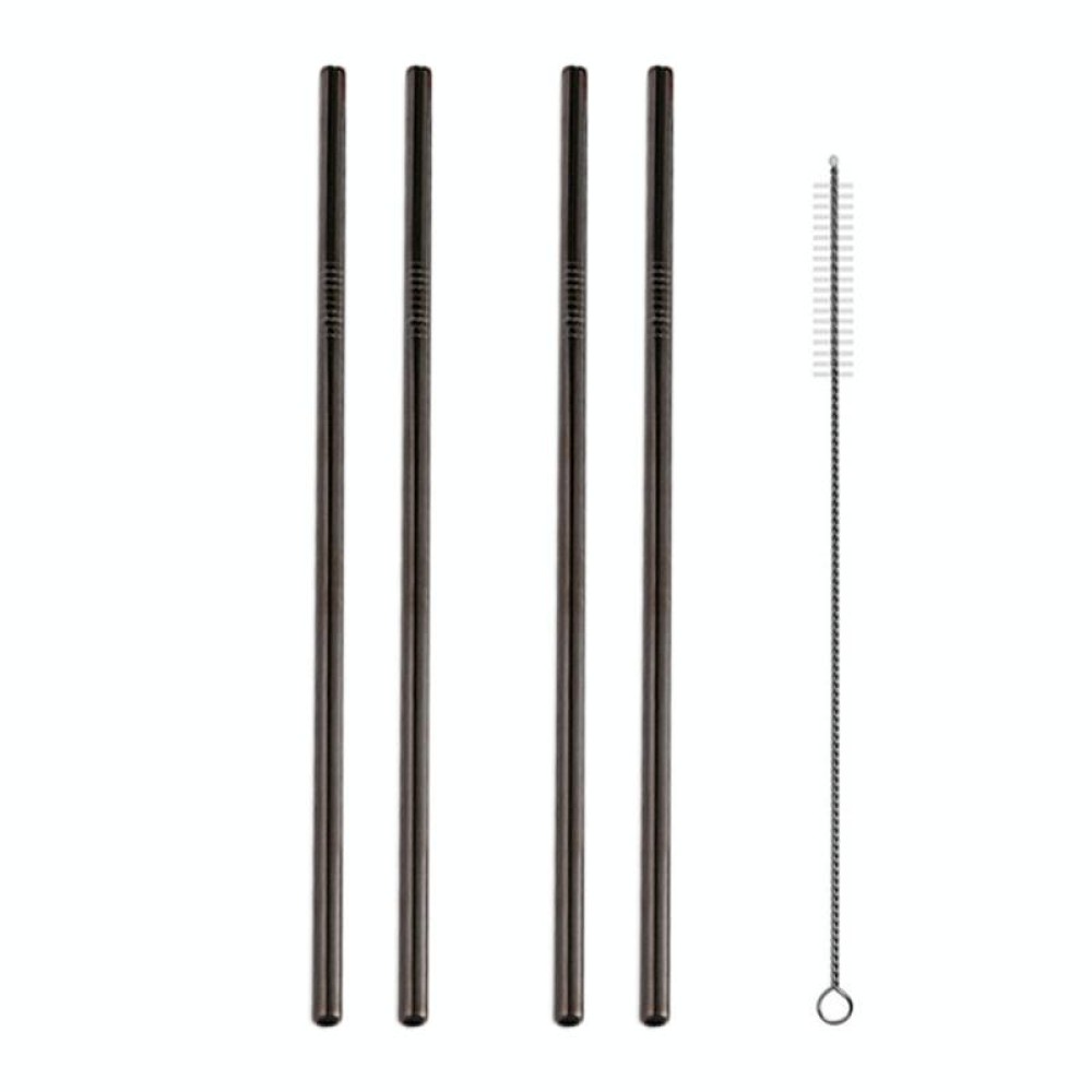 5pcs Reusable Stainless Steel Straight Drinking Straw + Cleaner Brush Set Kit,  215*8mm(Black)