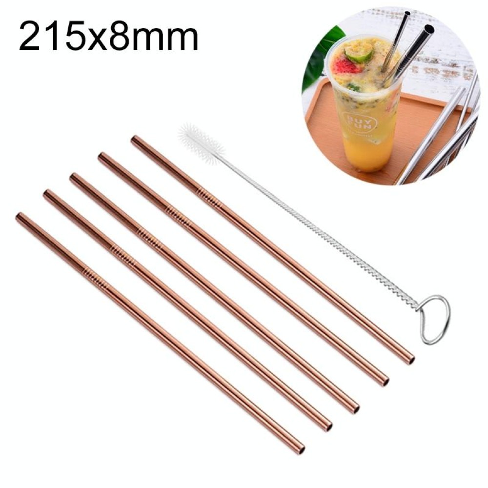 5pcs Reusable Stainless Steel Straight Drinking Straw + Cleaner Brush Set Kit,  215*8mm(Rose Gold)
