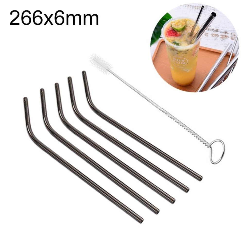 5pcs Reusable Stainless Steel Bent Drinking Straw + Cleaner Brush Set Kit,  266*6mm(Black)