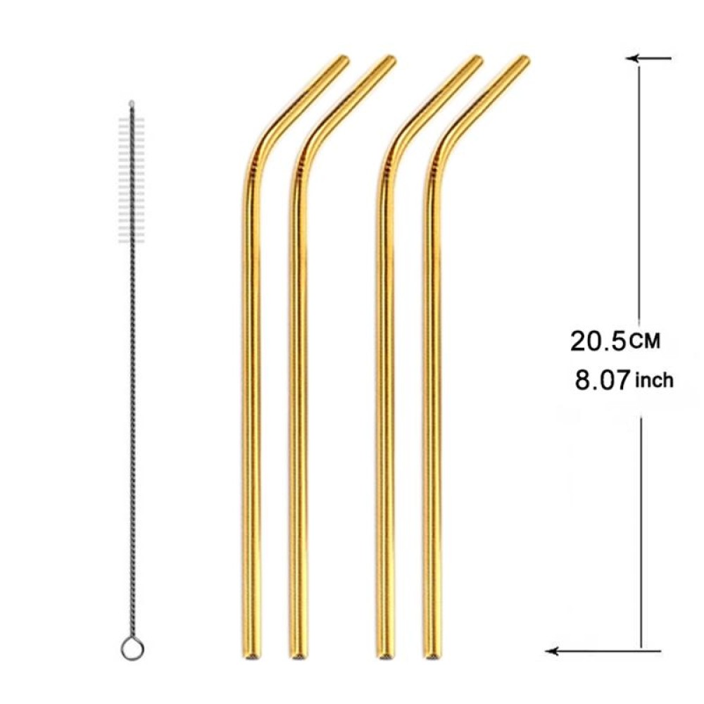 5pcs Reusable Stainless Steel Bent Drinking Straw + Cleaner Brush Set Kit,  266*6mm(Gold)