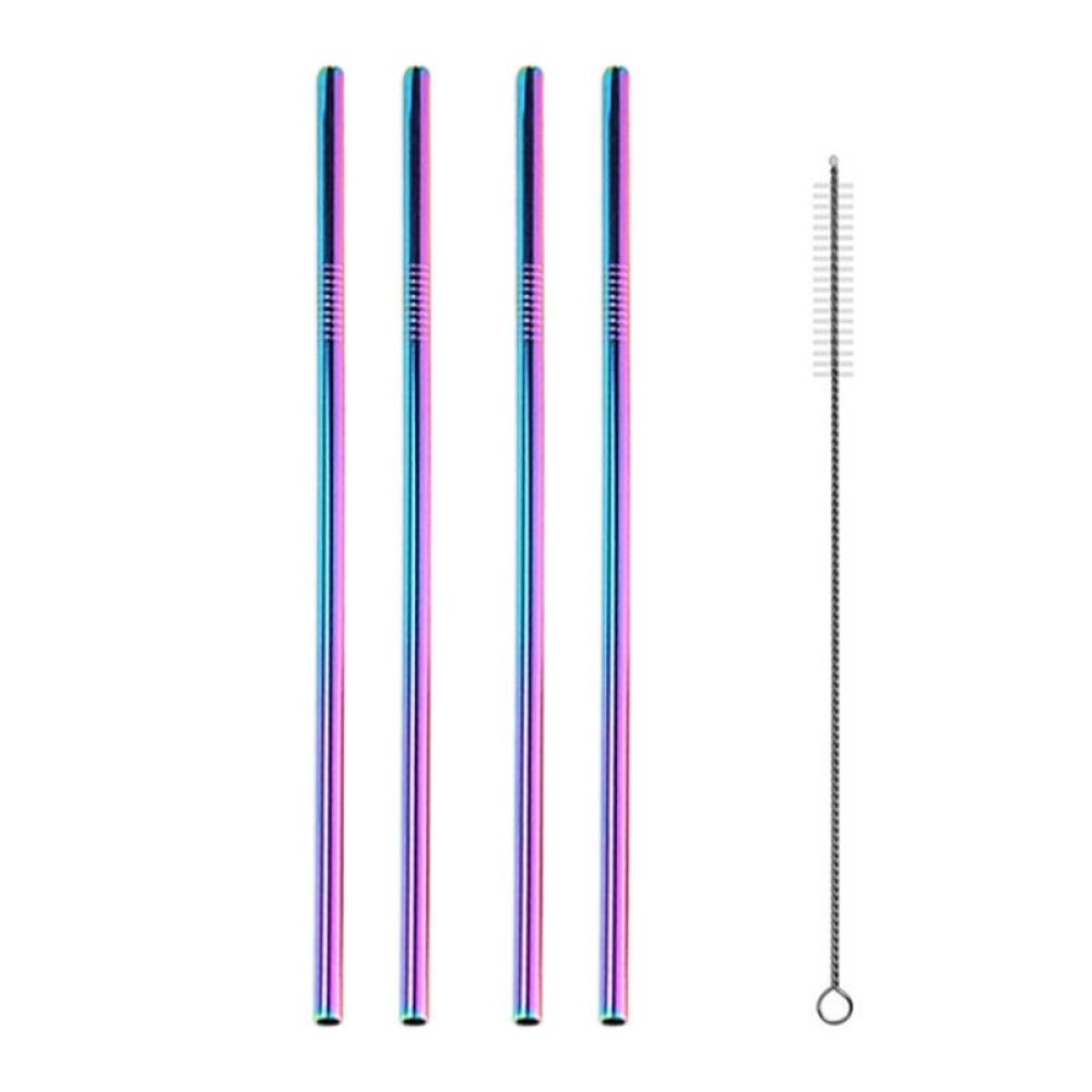 5pcs Reusable Stainless Steel Straight Drinking Straw + Cleaner Brush Set Kit,  266*6mm(Colour)