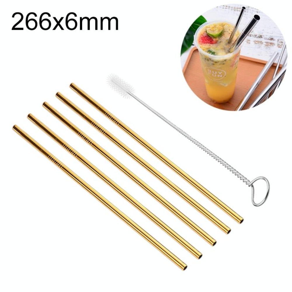 5pcs Reusable Stainless Steel Straight Drinking Straw + Cleaner Brush Set Kit,  266*6mm(Gold)
