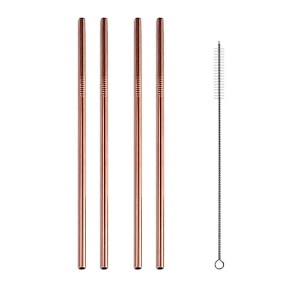 5pcs Reusable Stainless Steel Straight Drinking Straw + Cleaner Brush Set Kit,  266*6mm(Rose Gold)