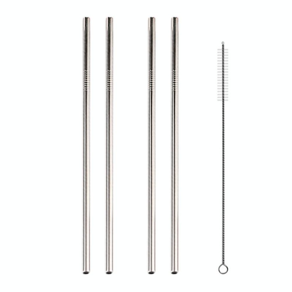 5pcs Reusable Stainless Steel Straight Drinking Straw + Cleaner Brush Set Kit,  266*6mm(Silver)