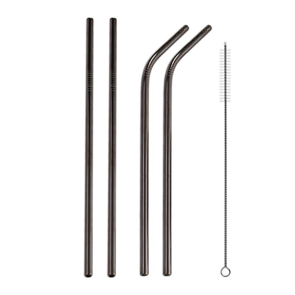 4pcs Reusable Stainless Steel Drinking Straw + Cleaner Brush Set Kit,  266*6mm(Black)